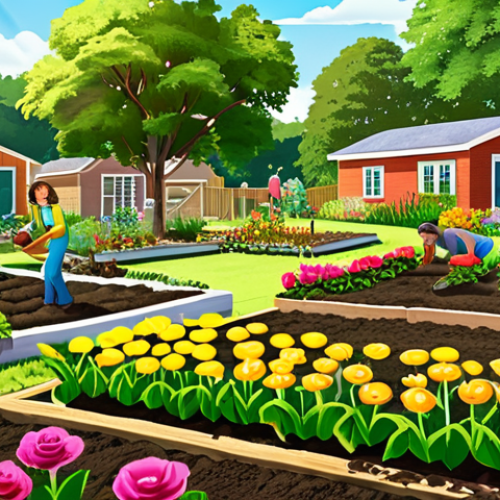 Home 7 **Prompt for Community Garden Location**: "An illustration of a vibrant community garden location with ample sunlight, fertile soil, and a nearby water source. Show diverse community members easily accessing the garden and engaging in planting activities, surrounded by lush greenery and colorful flowers."