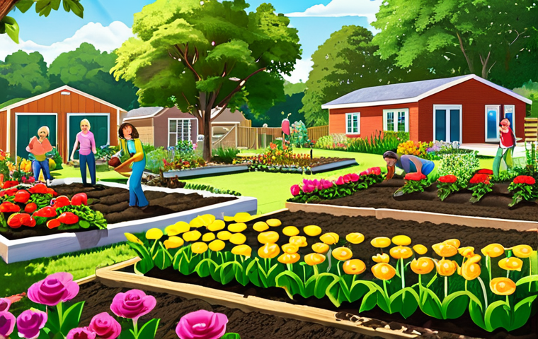 **Prompt for Community Garden Location**: "An illustration of a vibrant community garden location with ample sunlight, fertile soil, and a nearby water source. Show diverse community members easily accessing the garden and engaging in planting activities, surrounded by lush greenery and colorful flowers."